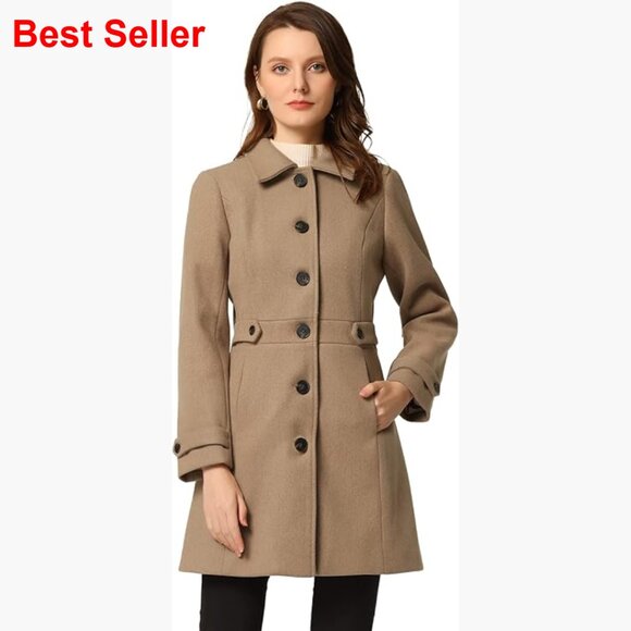 Polyester Pea Coat with Pockets Single Breasted Overcoat Winter